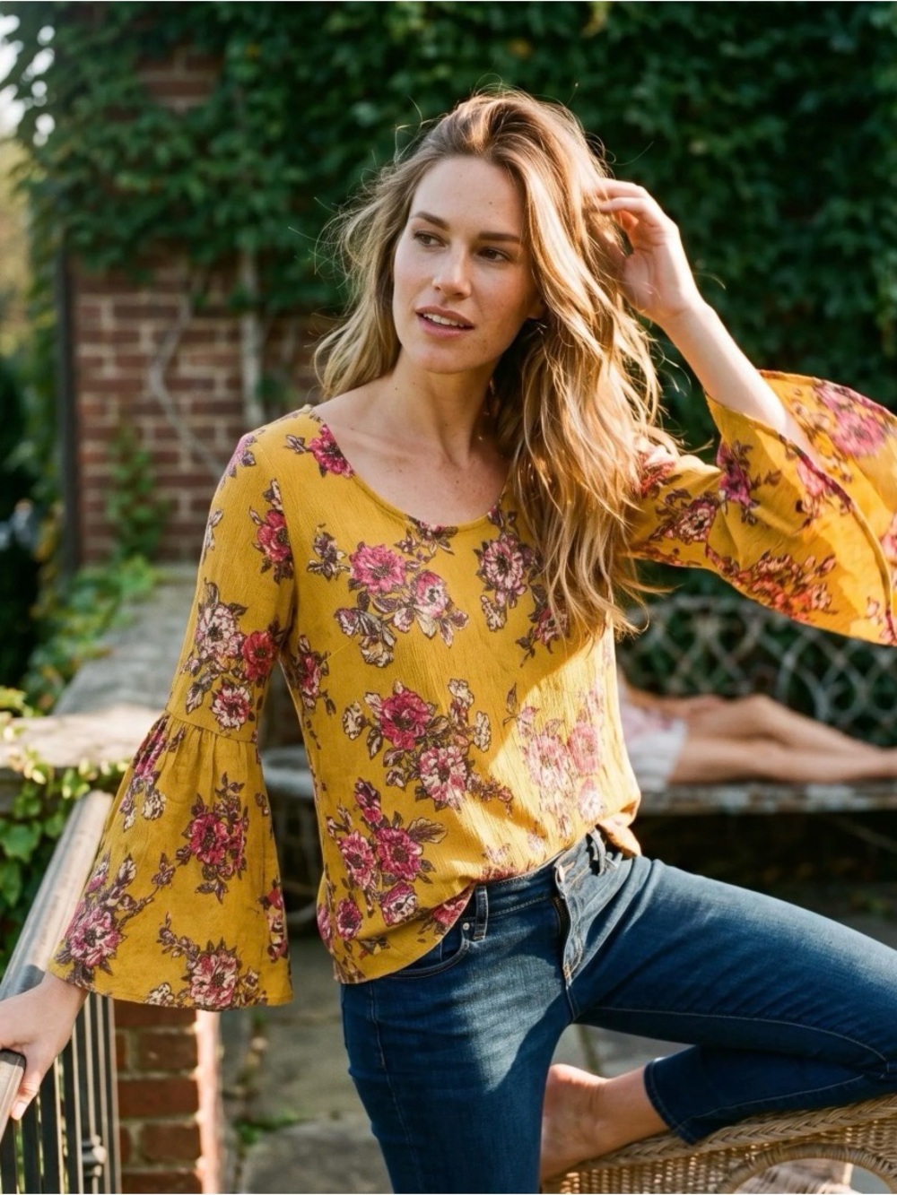 Bobbie Brooks Yellow Floral Scoop Neck Tunic with Pink Roses EUC sz 1X